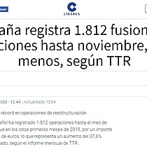 Espaa registra 1.812 fusiones y adquisiciones hasta noviembre, un 22% menos, segn TTR